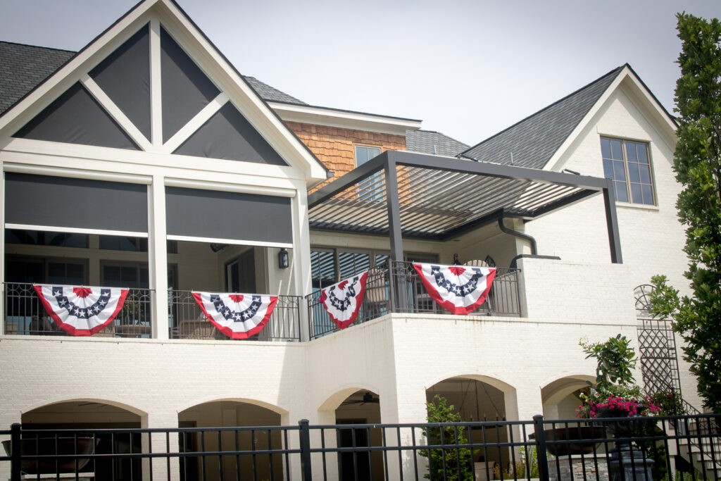 Fixed screens in arch, retractable screens, and louvered pergola