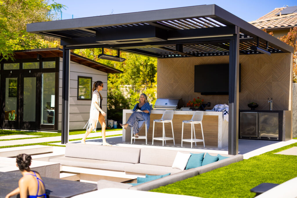 Bromic heating installed on a Sundance louvered pergola