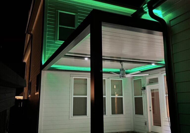 Sundance louvered pergola with fan beam and LED lighting