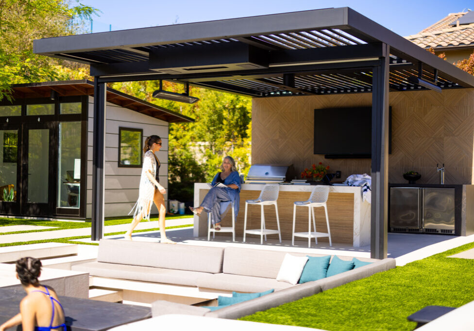 Bromic heating installed on a Sundance louvered pergola